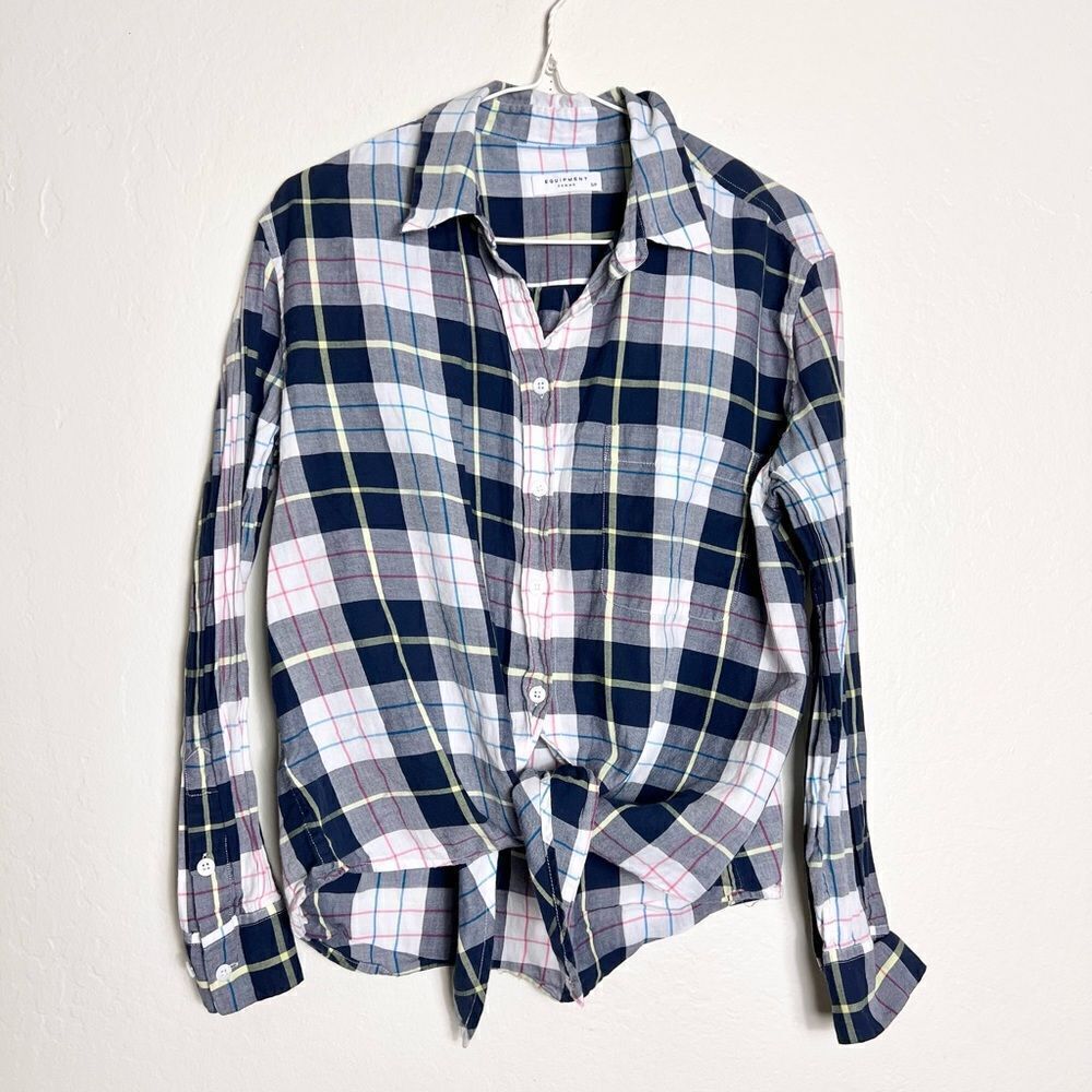 Equipment Tie Front Plaid Long Sleeve Size Small